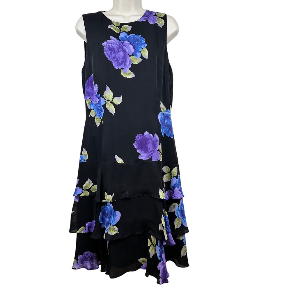 VTG Spenser Jeremy 100% Silk Midi Dress Ruffle Tiered Sleeveless Floral Black 8